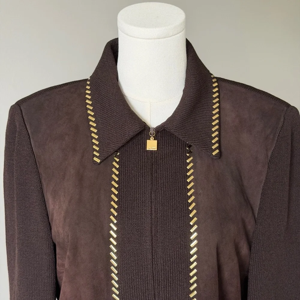 ✨St. John Collection Brown Suede Knit Jacket Gold Chain Trim Zipper Blazer - 10